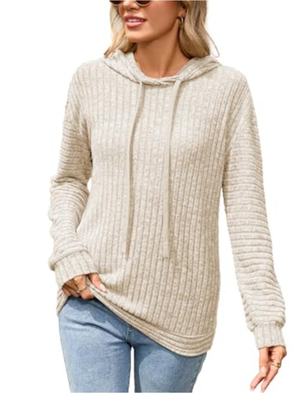 Women's Long Sleeve Ribbed Hooded Sweater Drawstring Pullover Oversized Knit